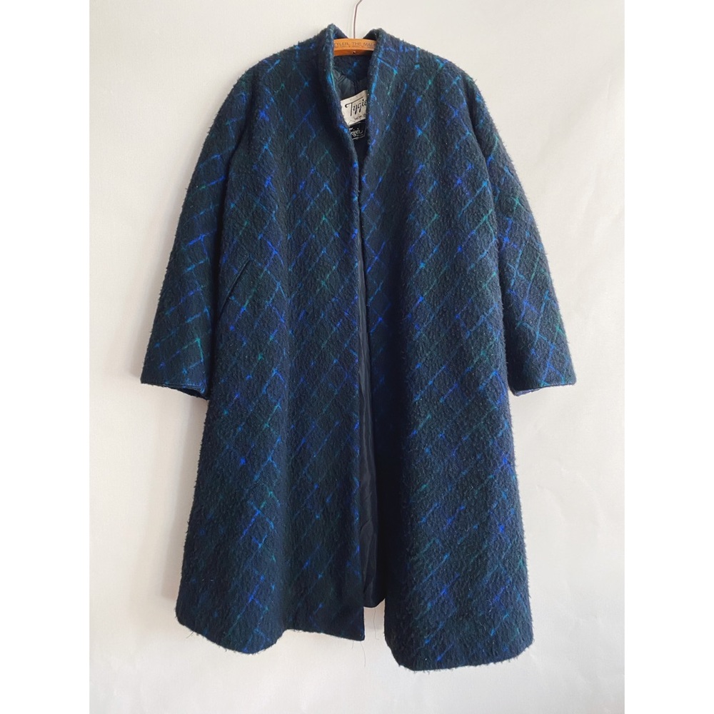 Vintage 50s Tygier Black Plaid Wool Cocoon Swing Full Length Coat L-Xl